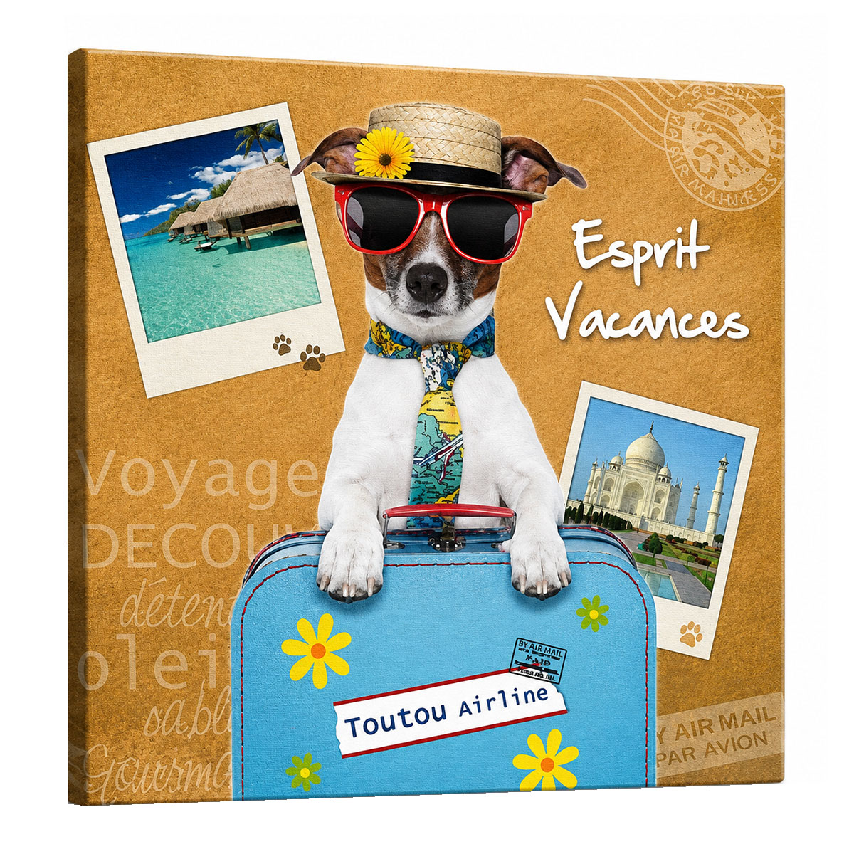 Cadre en toile chien esprit vacances 40 x 40 cm