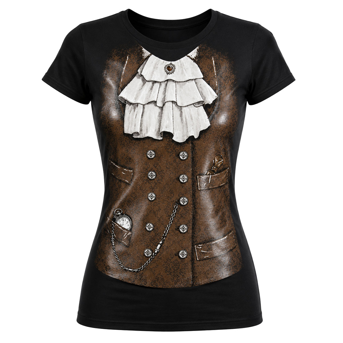 T-shirt Femme Steampunk Effet Gilet et Jabot Noir � Taille L