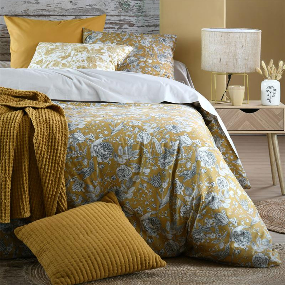 Housse de Couette Jacinthe Moutarde en Coton Percale 240 x 220