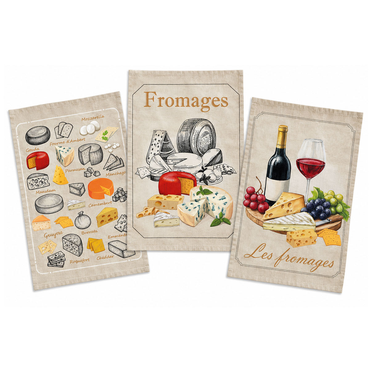 Lot de 3 torchons fromages coton serg� 50 x 70 cm