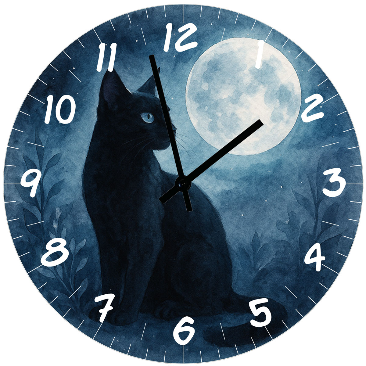 Horloge murale en verre Chat noir et Pleine lune