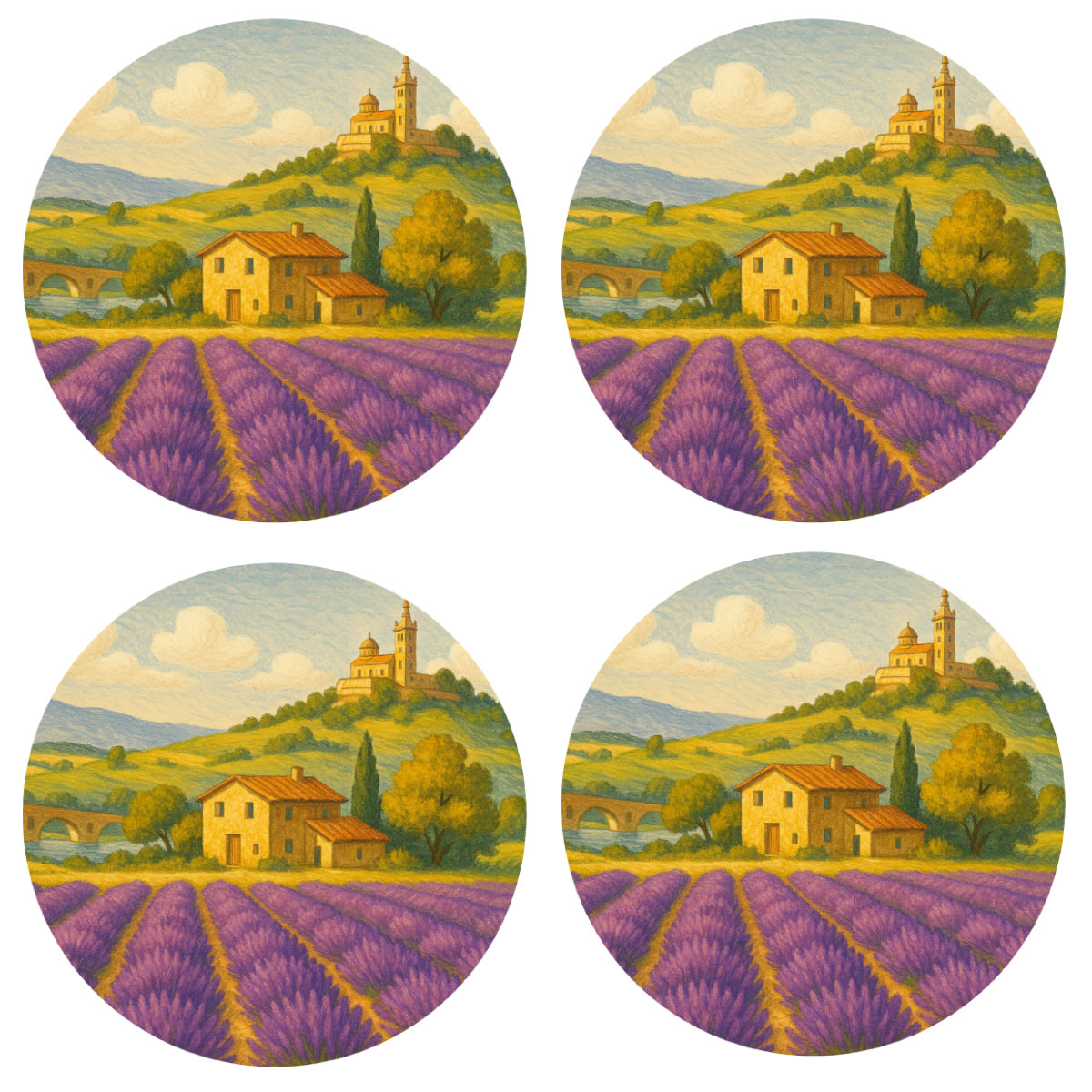 Set de 4 dessous de verres Provence  Paysage de lavande   9,5