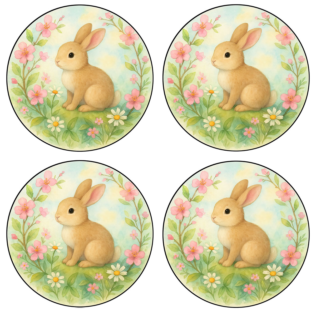 Set de 4 dessous-de-verre ronds Lapin Fleuri