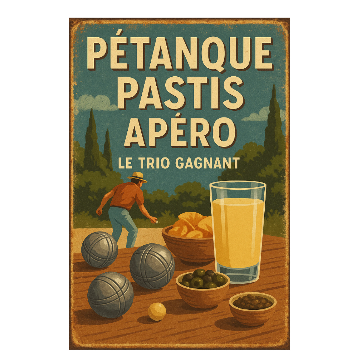Plaque mtal Ptanque Pastis Apro le trio gagnant