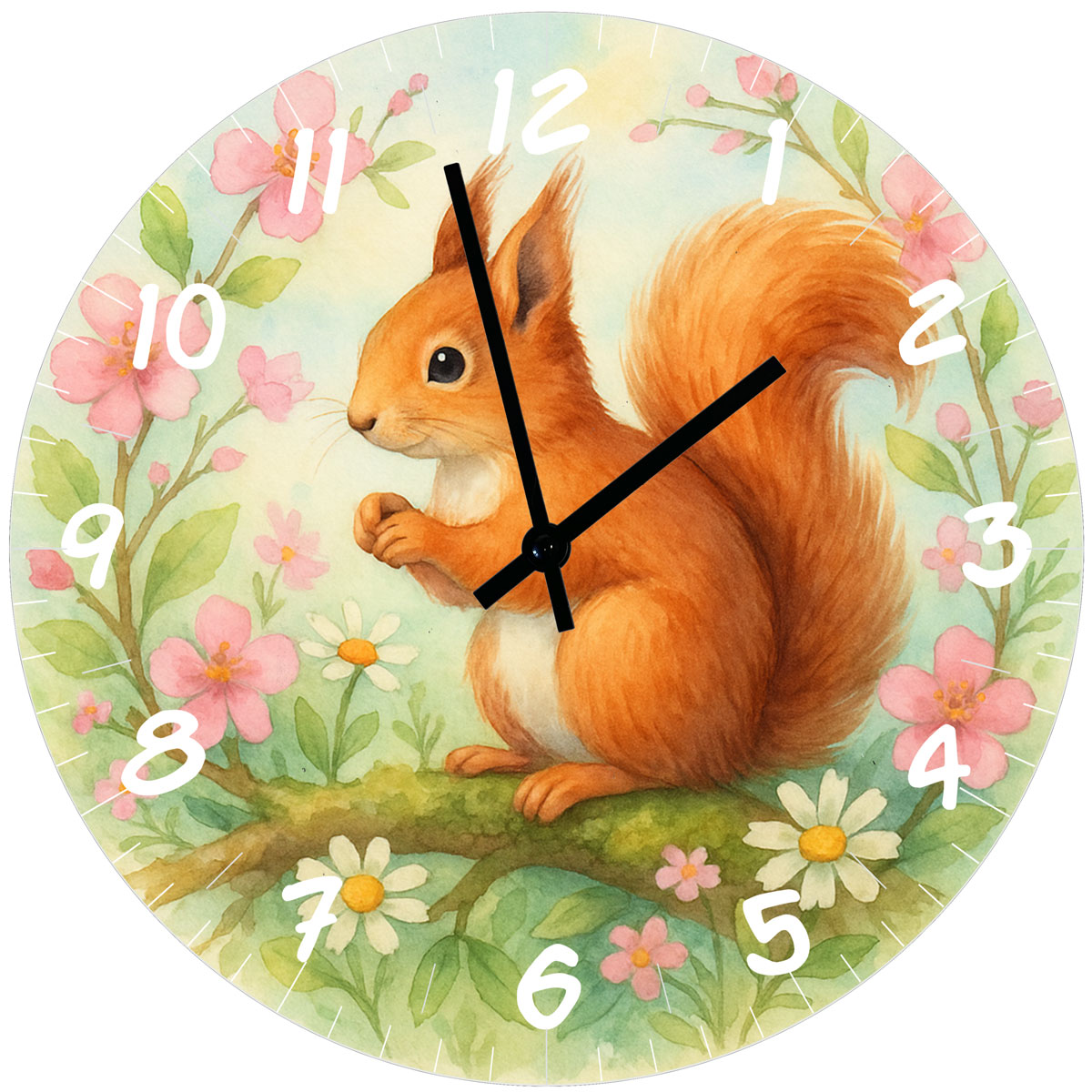 Horloge murale en verre � �cureuil et Fleurs printani�res
