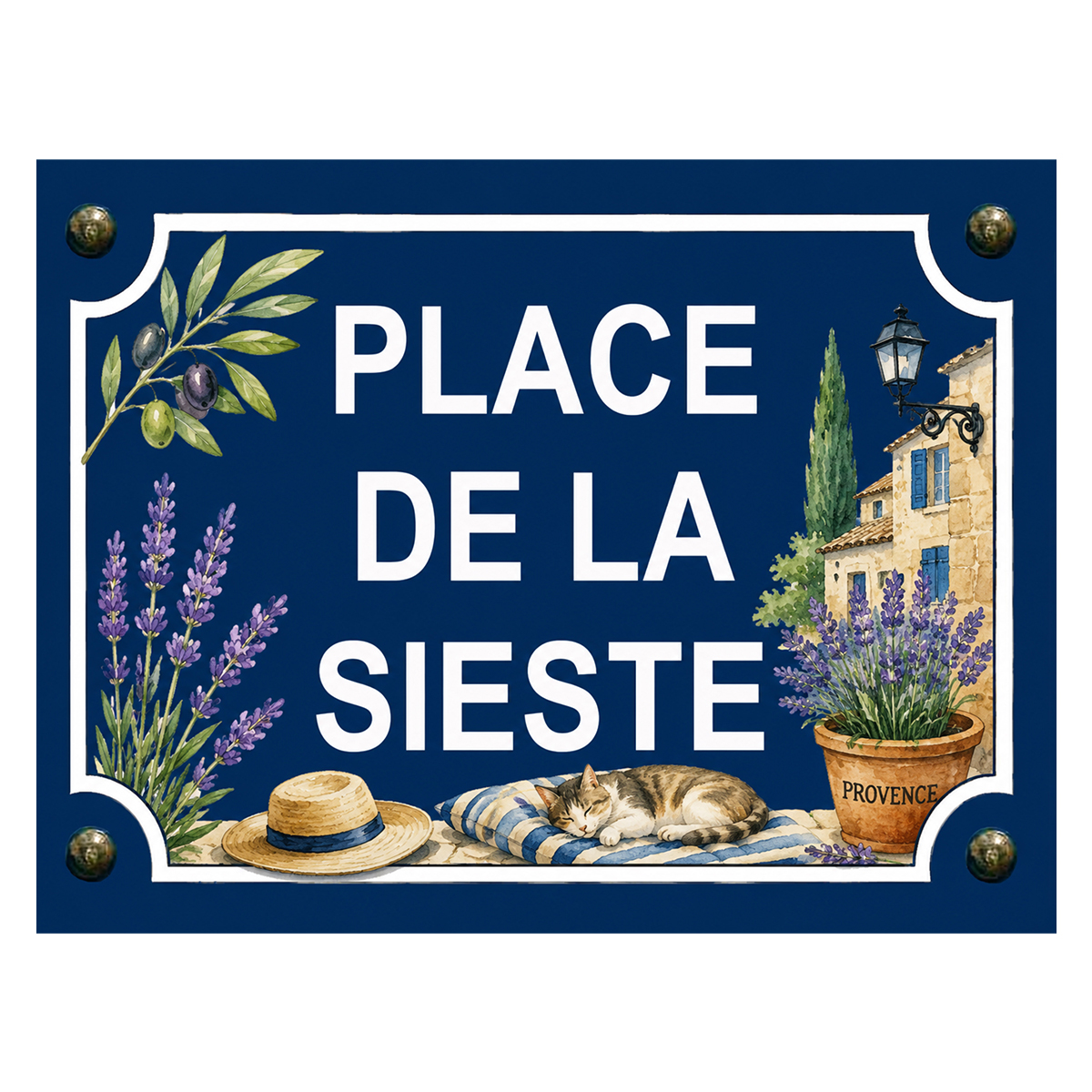 Plaque m�tal place de la sieste Provence � 20 x 15 cm