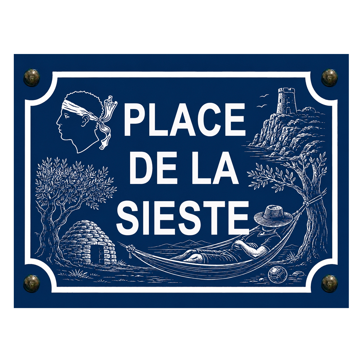 Plaque m�tal place de la sieste corse  � 20 x 15 cm