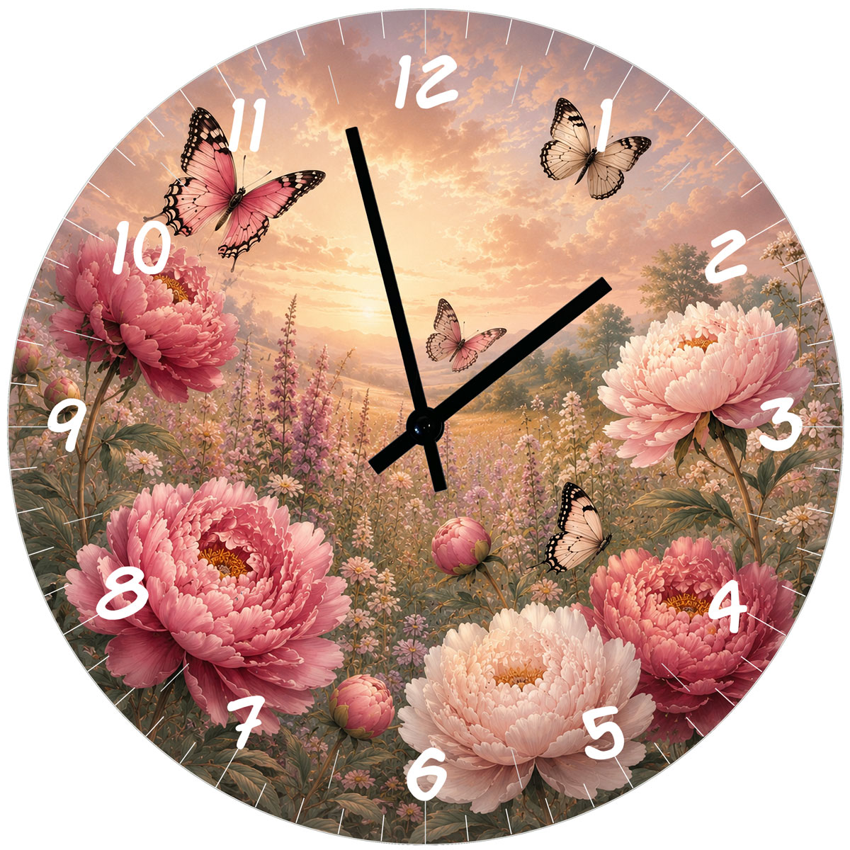 Horloge murale pivoines roses et papillons en verre � 29 cm