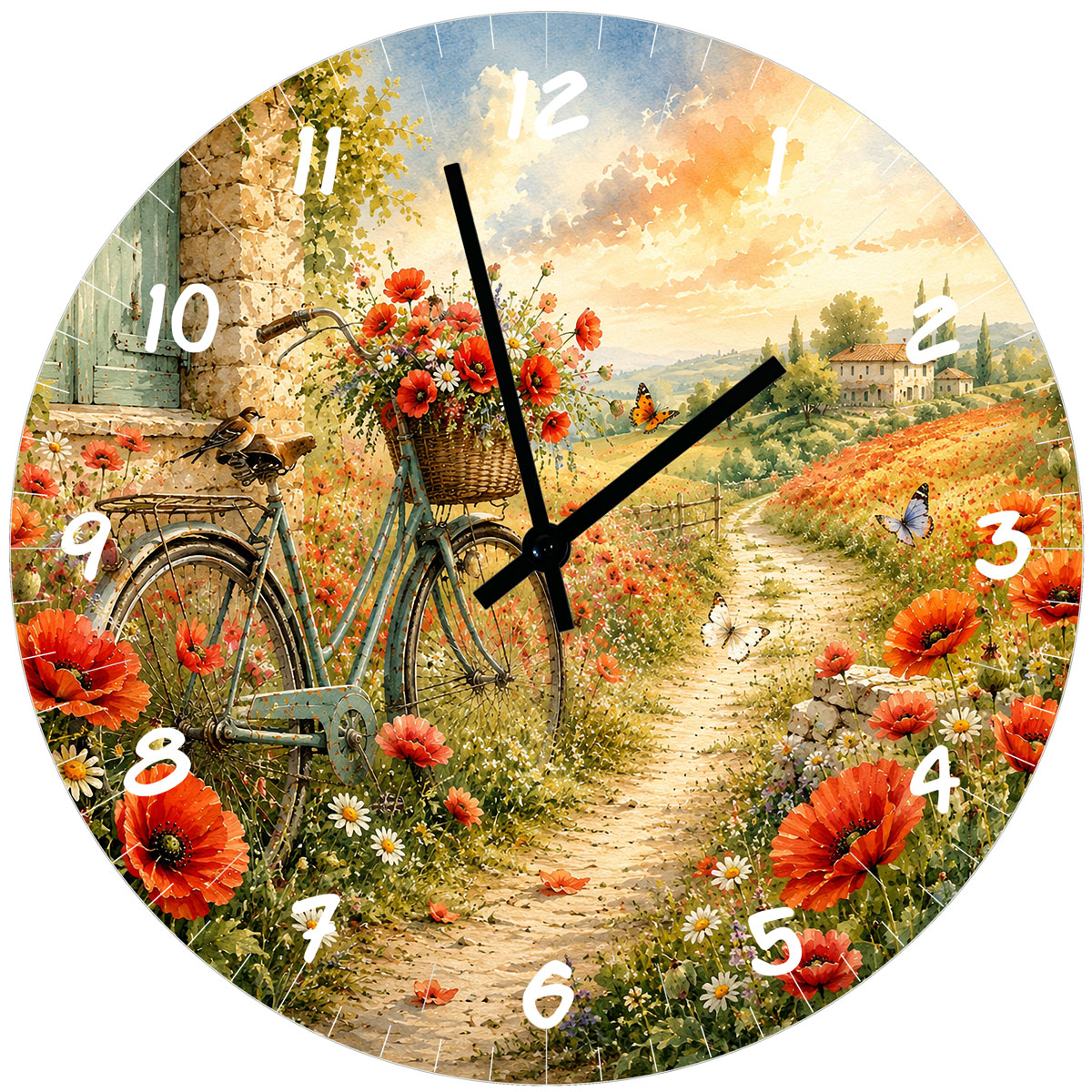 Horloge murale v�lo et coquelicots paysage champ�tre 29 cm