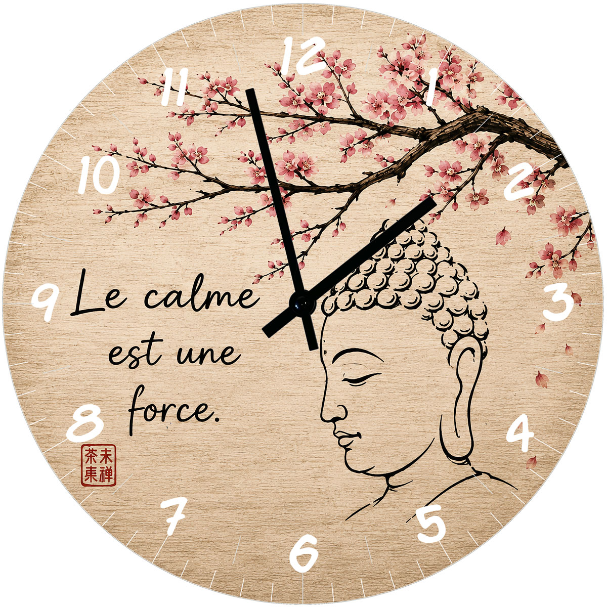 Horloge murale en verre zen 29 cm Bouddha Le calme est une force