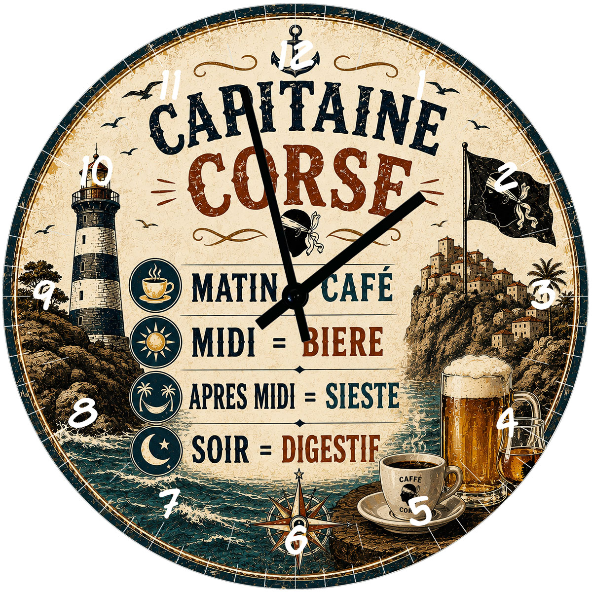 Horloge murale en verre 29 cm Capitaine Corse esprit ap�ro