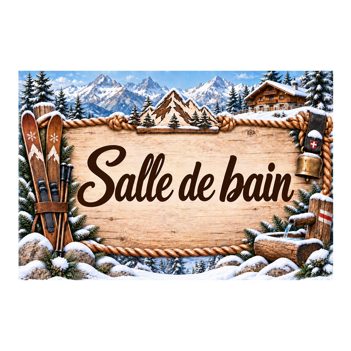 Plaque m�tal Salle de bain � d�co montagne chalet et ski