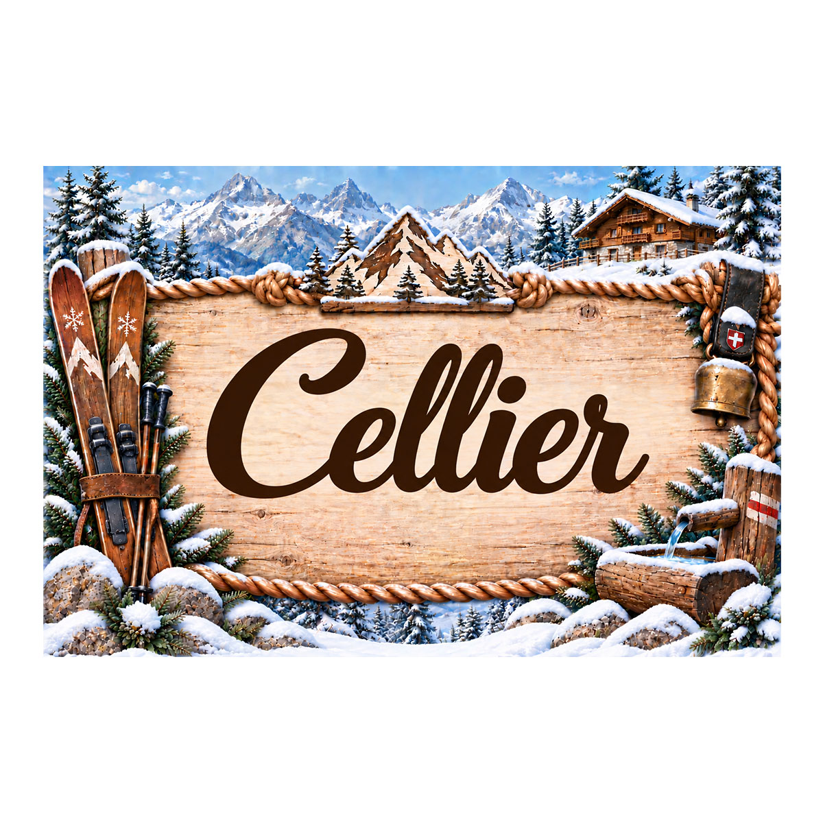 Plaque m�tal Cellier � d�coration montagne chalet et ski