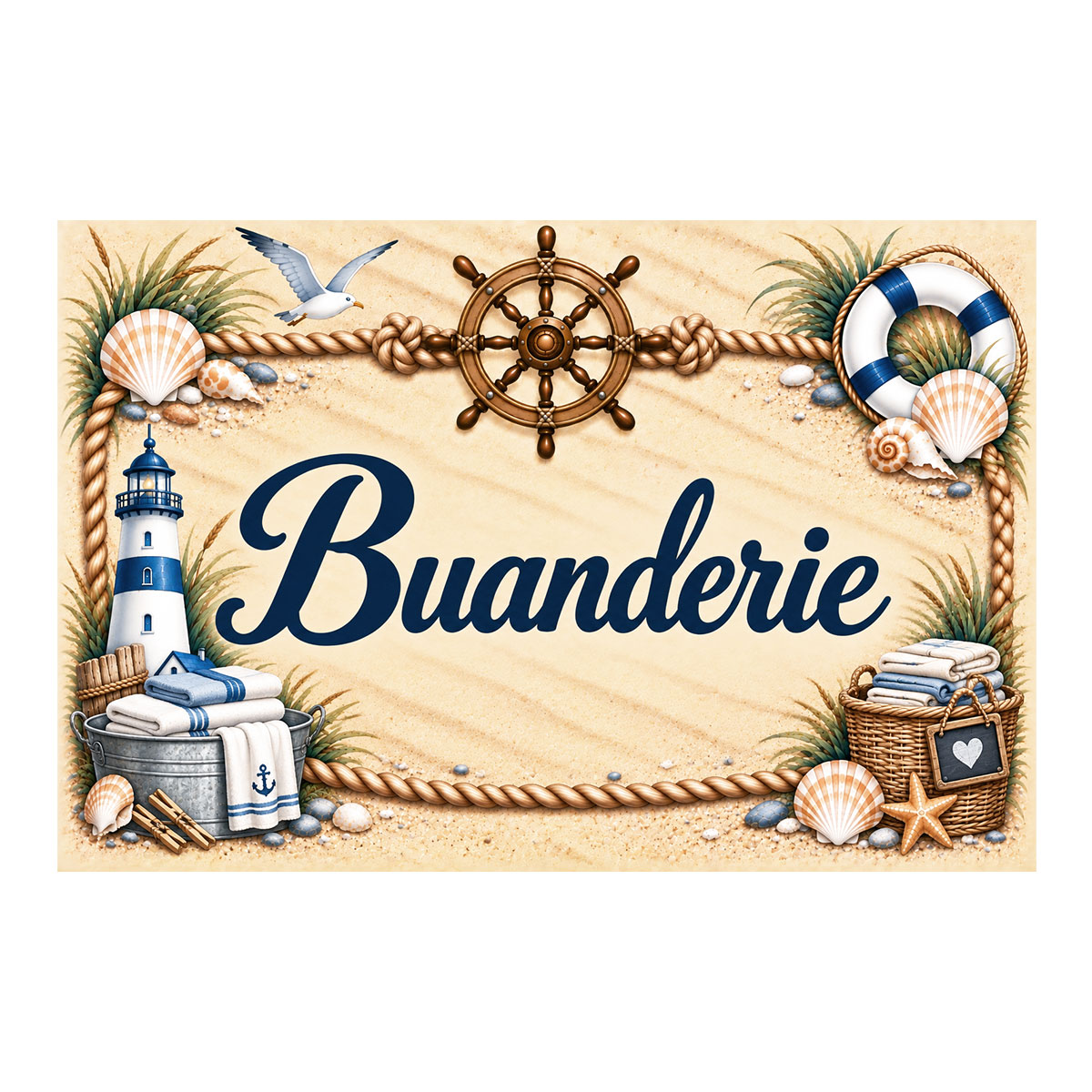 Plaque m�tal Buanderie � d�coration marine 20 � 15 cm