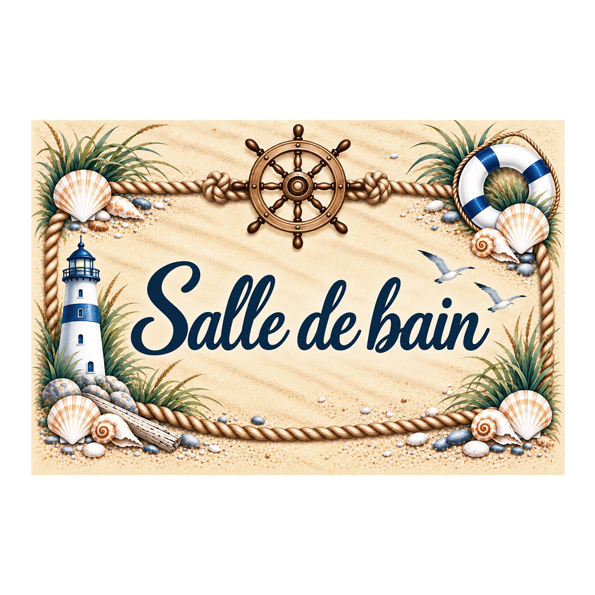 Plaque m�tal Salle de bain � d�coration marine 20 � 15 cm