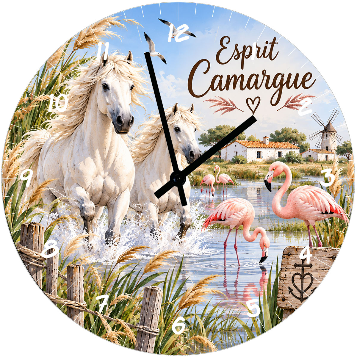 Horloge Camargue en verre 29 cm � chevaux et flamants roses