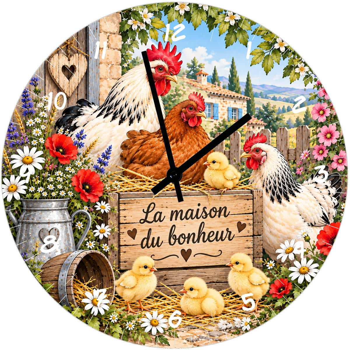 Horloge poules en verre 29 cm � La maison du bonheur