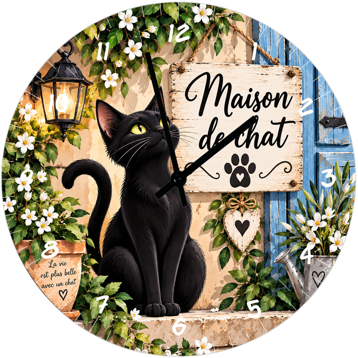 Horloge chat noir en verre 29 cm � Maison de chat