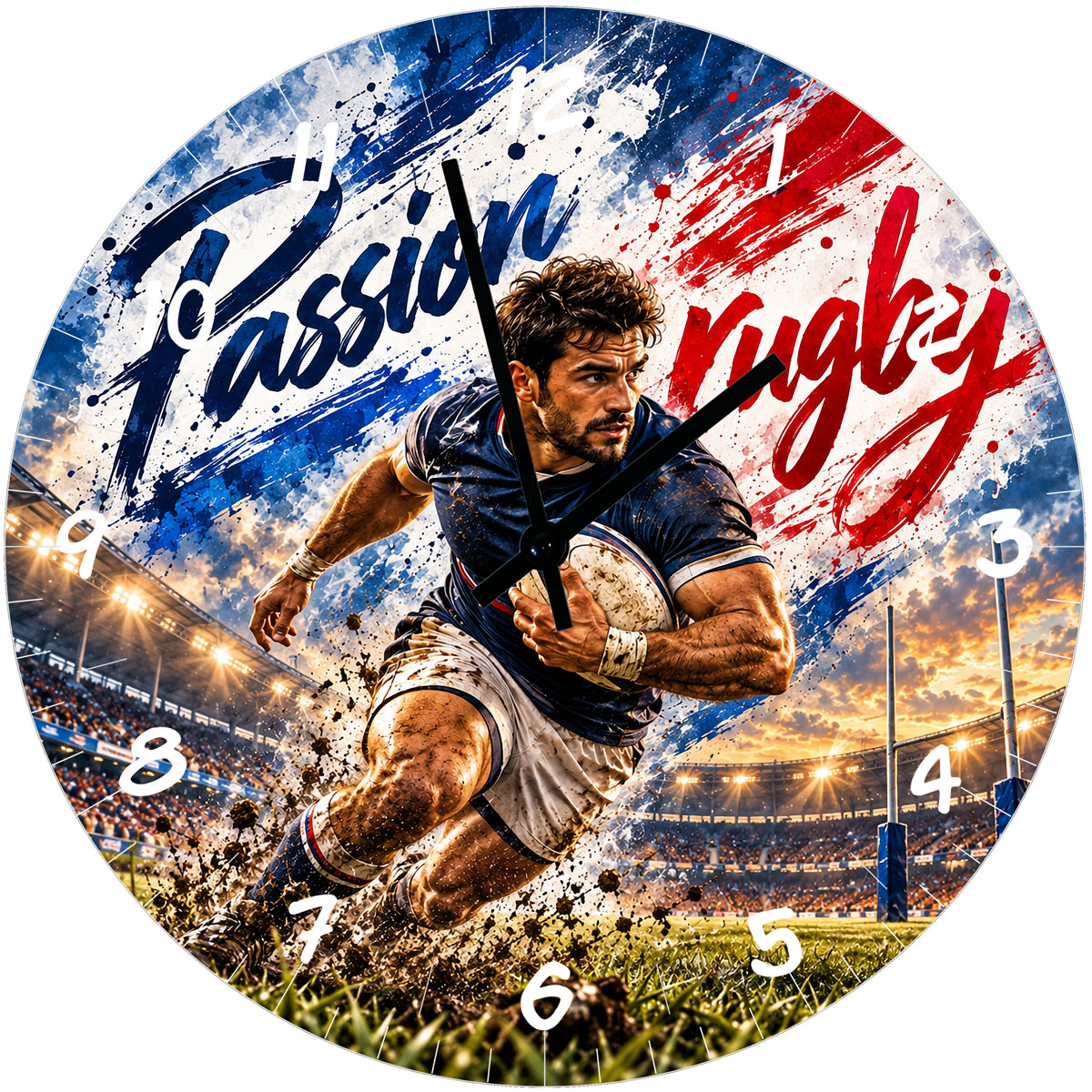 Horloge murale rugby bleu blanc rouge en verre 29 cm