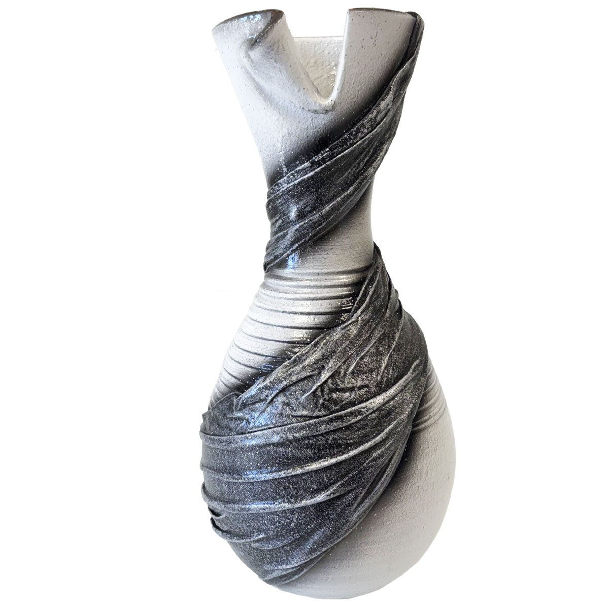 Vase artisanal drap de tissus blanc et gris paillet 30 cm