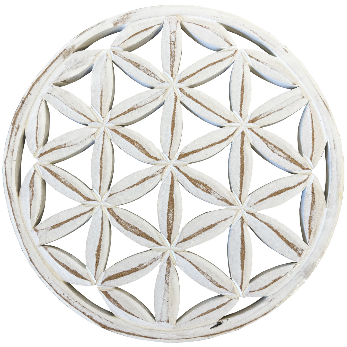 Dcoration Murale Fleur de Vie en Bois Blanc Patin  19,5 cm