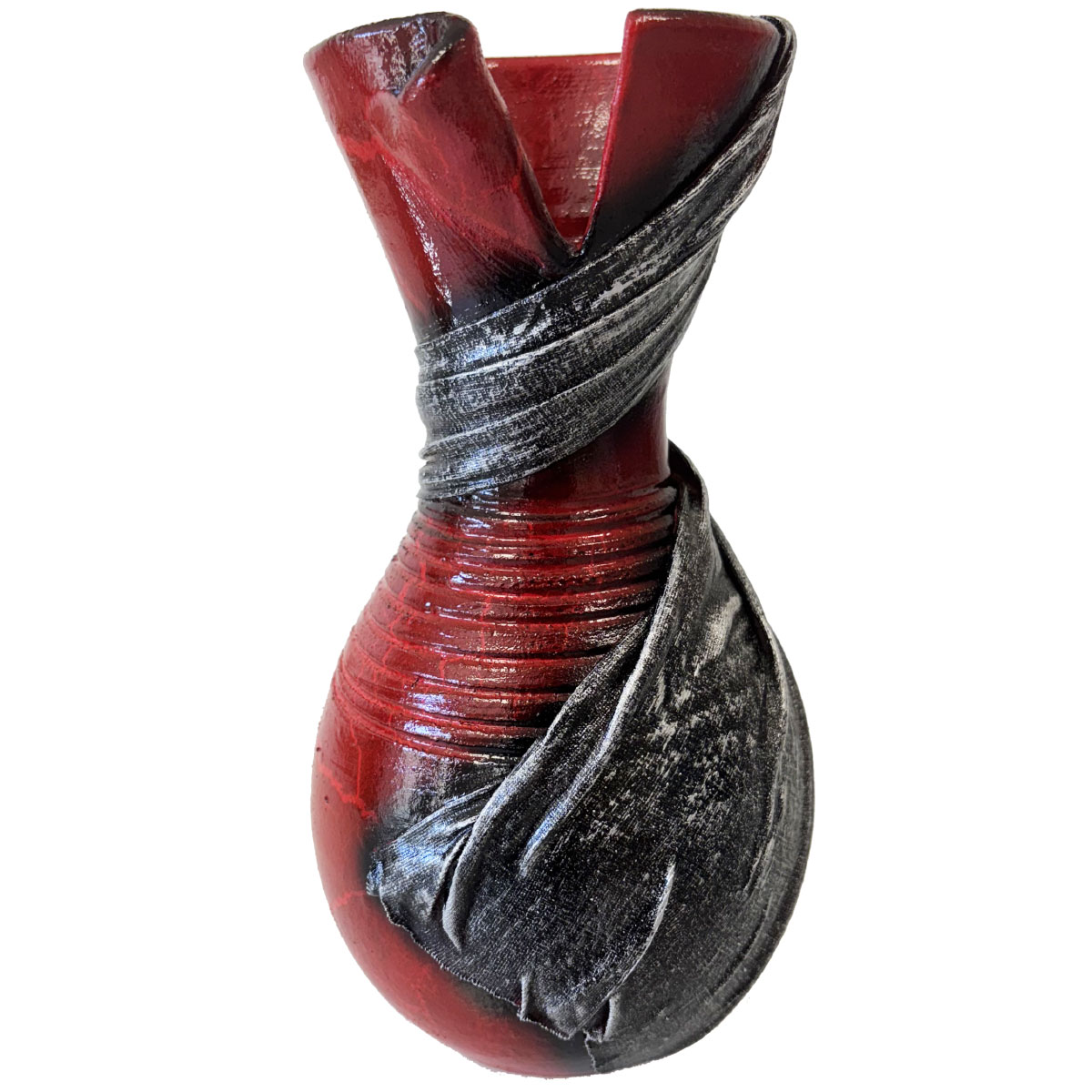 Vase artisanal drap de tissu gris  Rouge effet craquel 20 cm