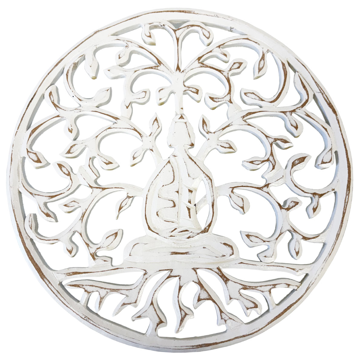 Dcoration Murale Arbre de Vie avec Bouddha en Bois Blanc Patin