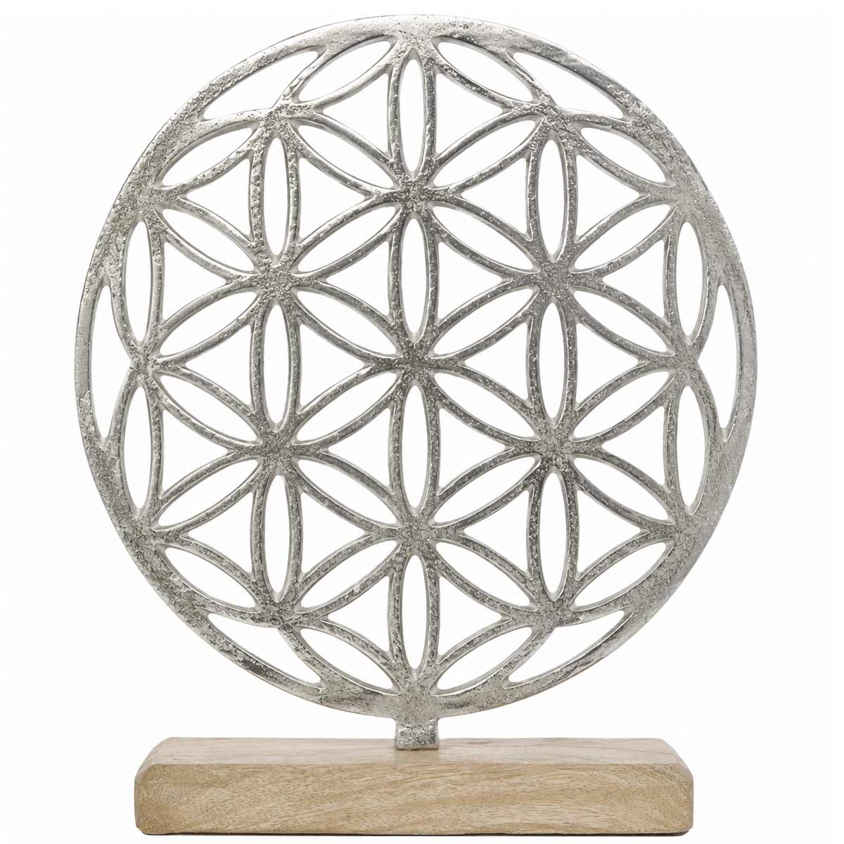 Fleur de vie en m�tal sur socle en bois de manguier 27 cm