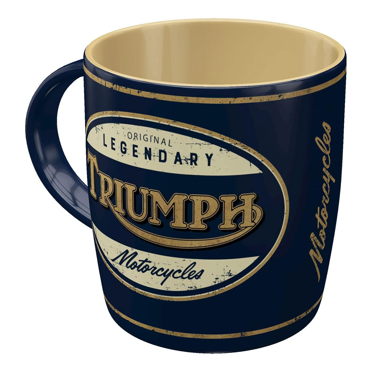 Mug Triumph Motorcycles vintage en c�ramique bleu et cr�me