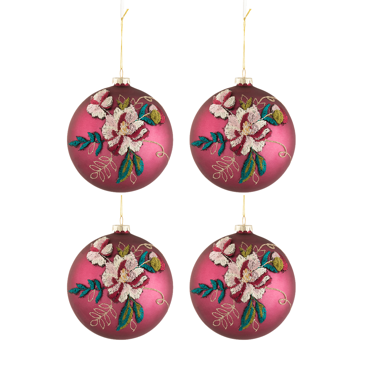 4 Boules de Nol - broderie fleur - 12 cm