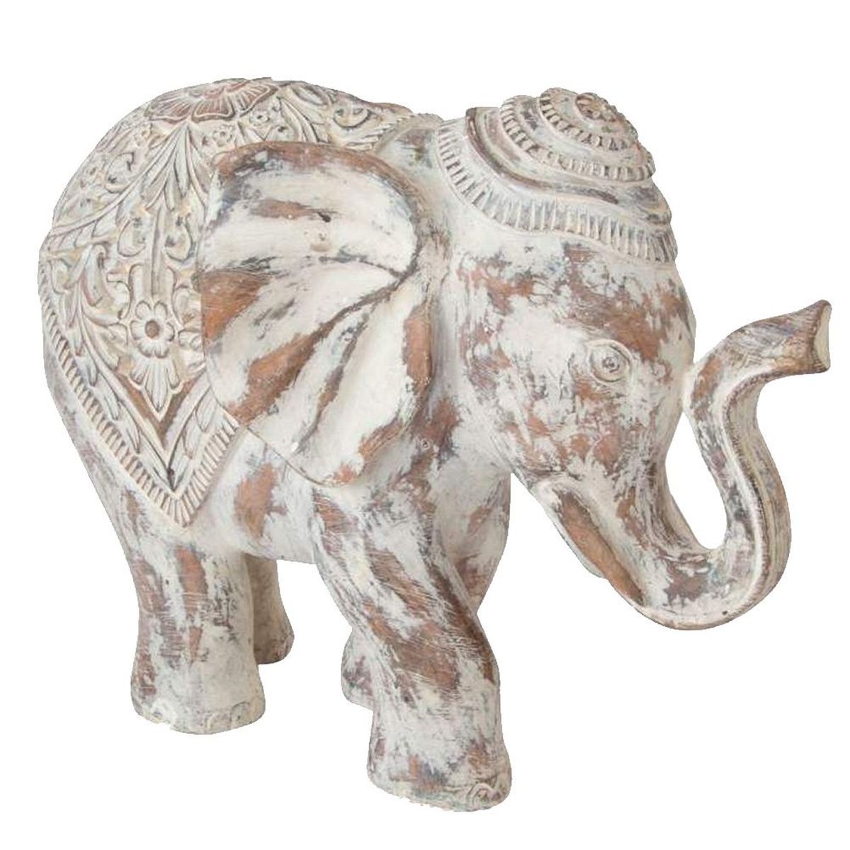 Figurine lphant en rsine aspect bois sculpt et patin 30 cm