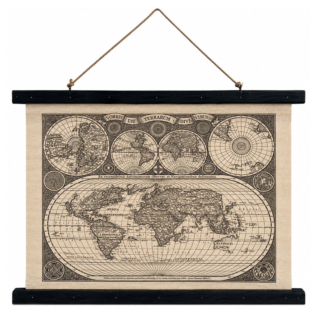 Carte du monde r�tro en toile � suspendre 60 x 43 cm