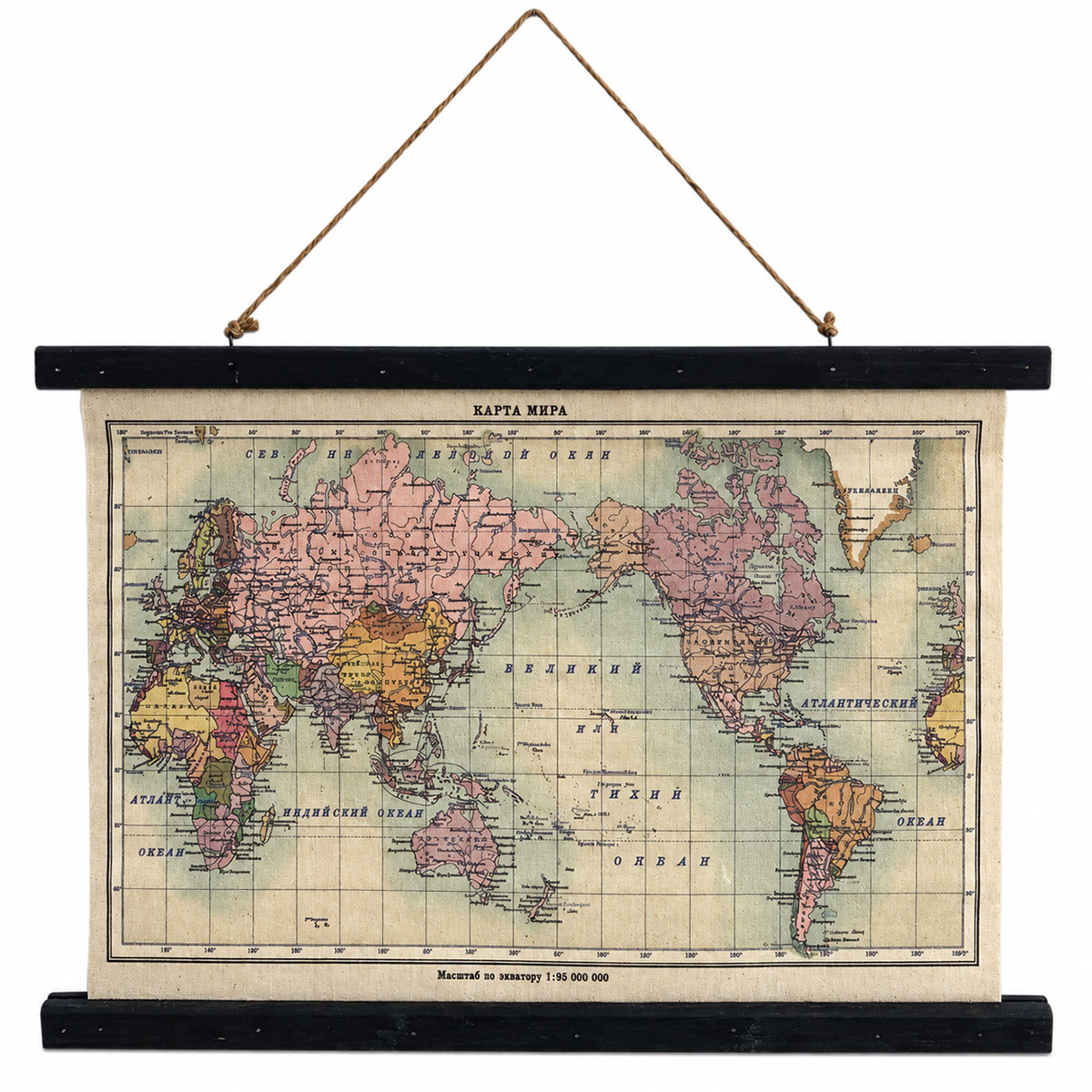 Carte du monde vintage en toile � suspendre 60 x 43 cm