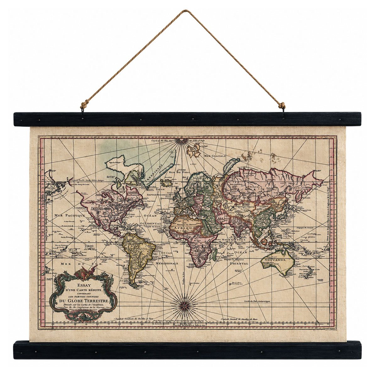 Carte du monde ancienne en toile � suspendre 60 x 43 cm