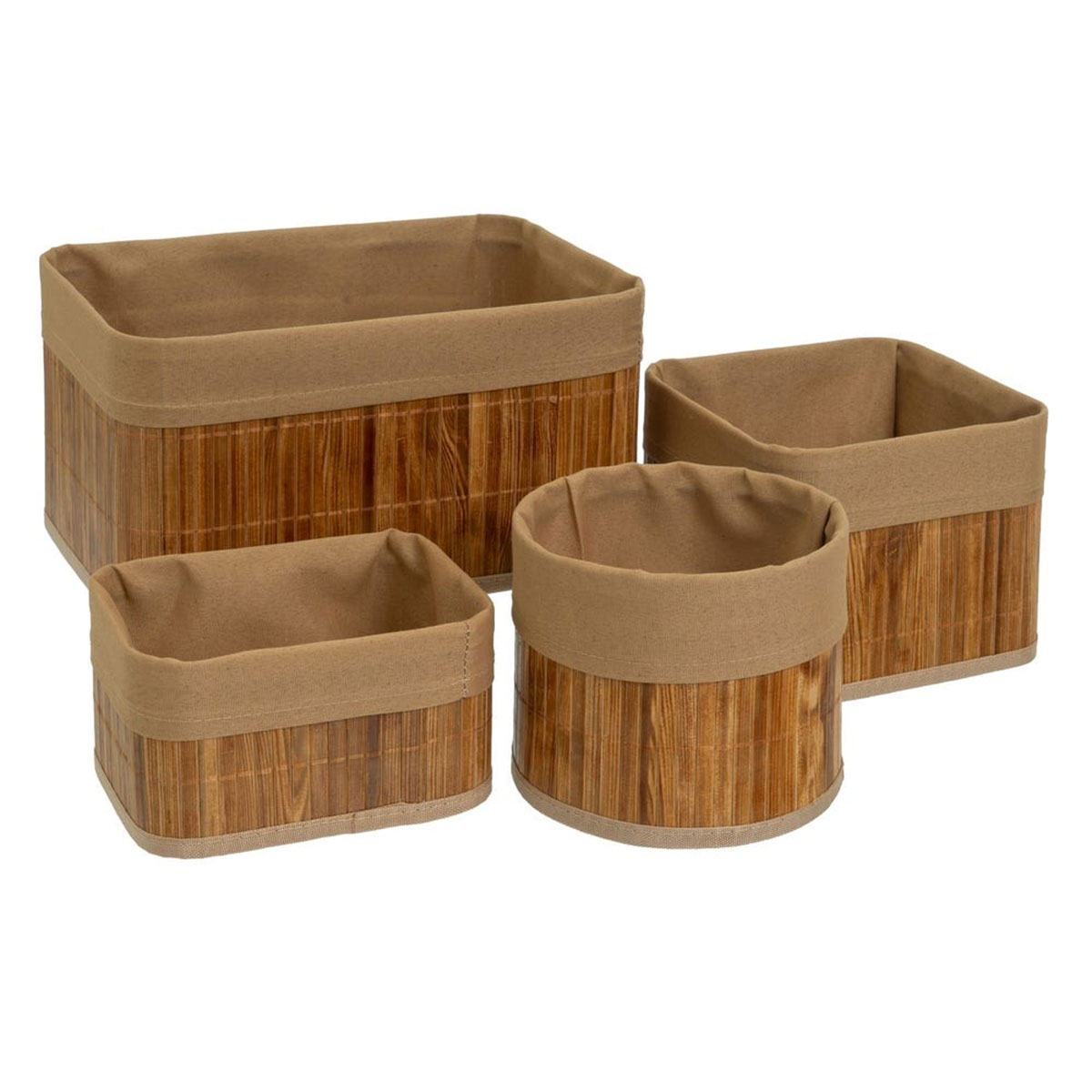 Set de 4 paniers ronds en bambou et tissu marron