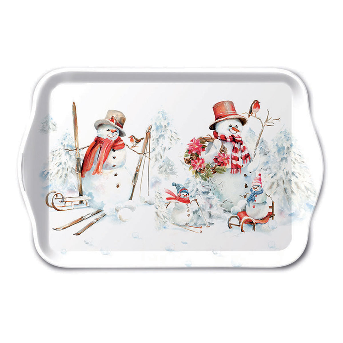 Plateau de No�l Bonhommes de neige � la montagne 20,5 x 13,5 cm