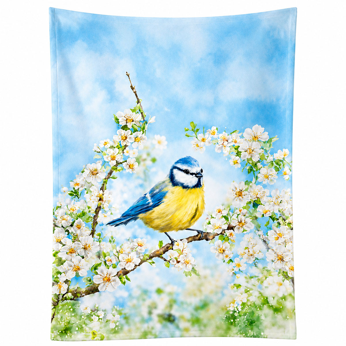 Torchon coton m�sange bleue et fleurs 70 x 50 cm