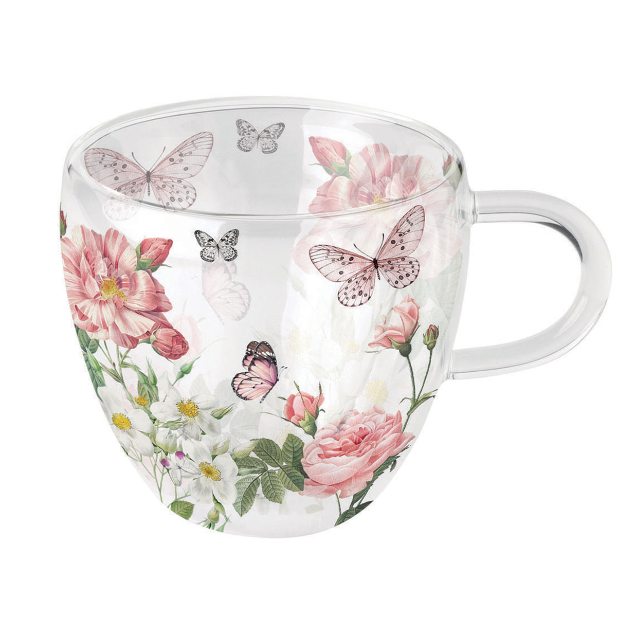 Tasse  th double paroi Papillons et Fleurs Roses