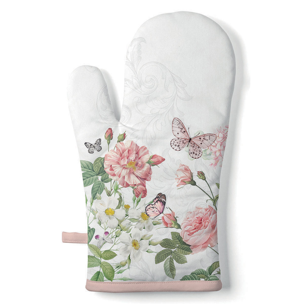 Gant de cuisine fleurs roses et papillons 18 x 30 cm