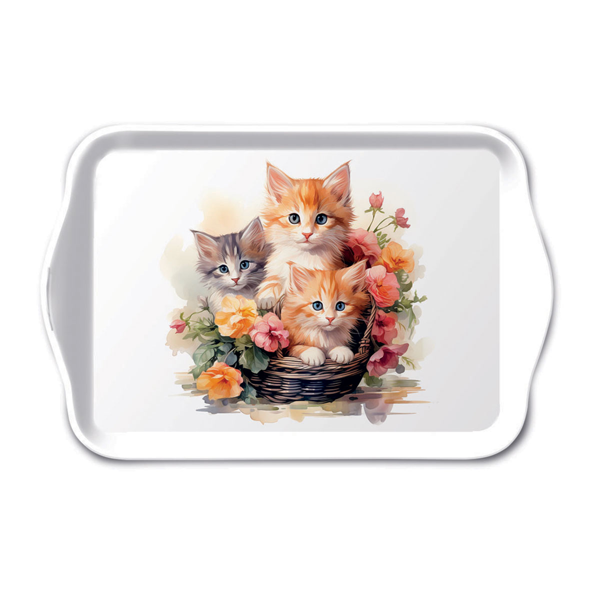 Mini plateau rectangulaire chatons dans un panier fleuri