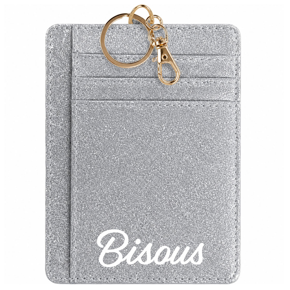 Porte-cartes porte-cl�s Bisous en polyester paillet� argent