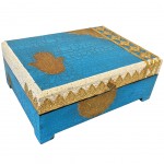 Bote Main de Fatima bois peint bleu vieilli et laiton 25.5 cm
