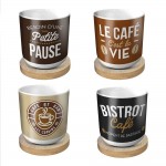 Coffret de 4 tasses  caf avec sous-tasses en bois