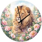 Horloge murale en verre � Lion et Lionceau parmi les fleurs