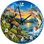Horloge murale en verre p�che au brochet 29 cm � p�cheur