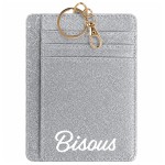 Porte-cartes porte-cl�s Bisous en polyester paillet� argent